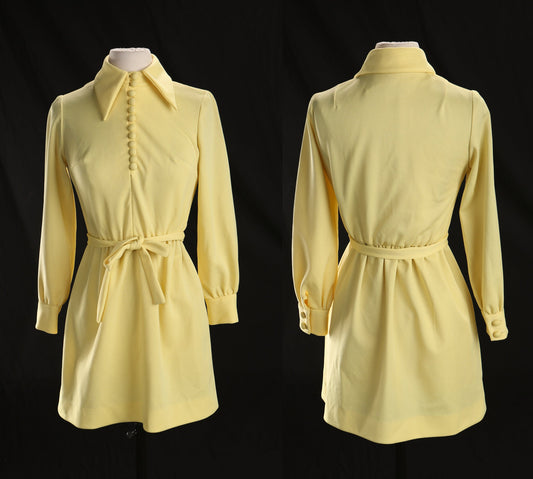 70's Women Yellow Long Sleeve Poly Casual Dress