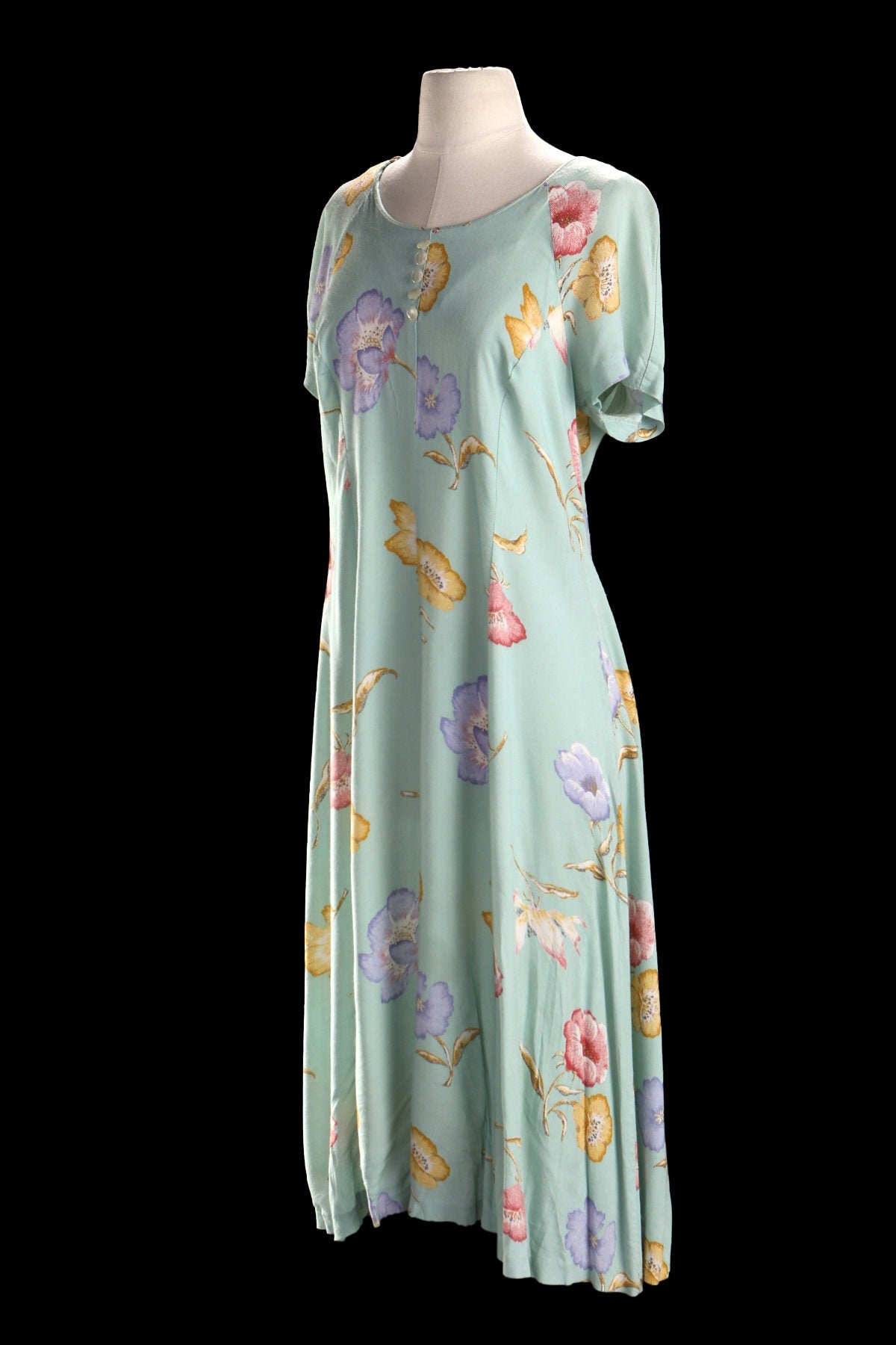 90's Floral Print Green Long Rayon Summer Dress