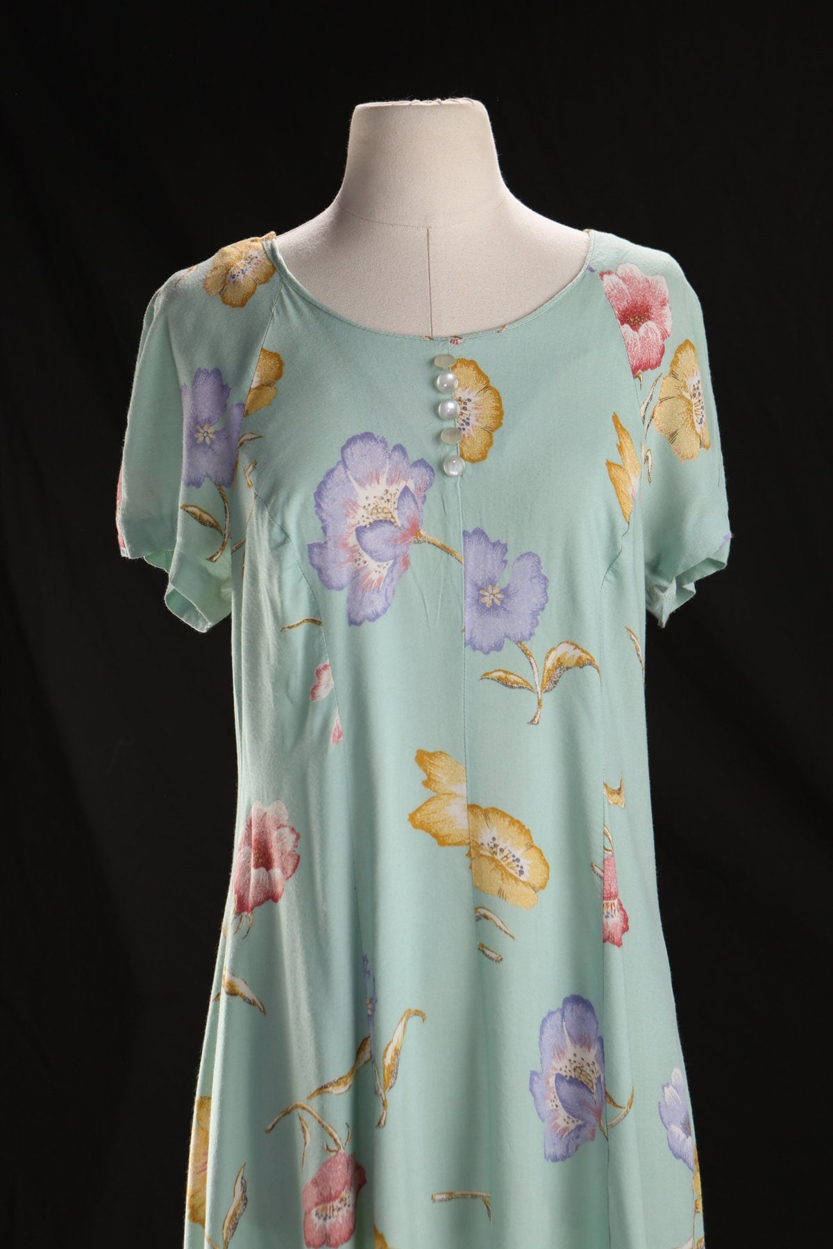 90's Floral Print Green Long Rayon Summer Dress