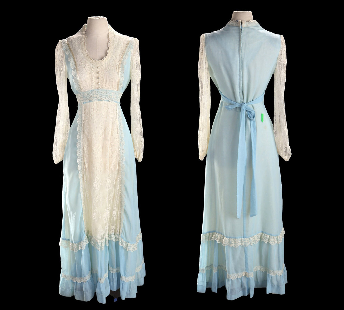 Vintage Prairie Blue Long Lace 70's Cotton Dress