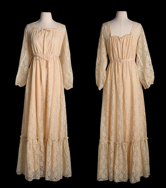 Vintage 70's Prairie Lace Long Boho Dress