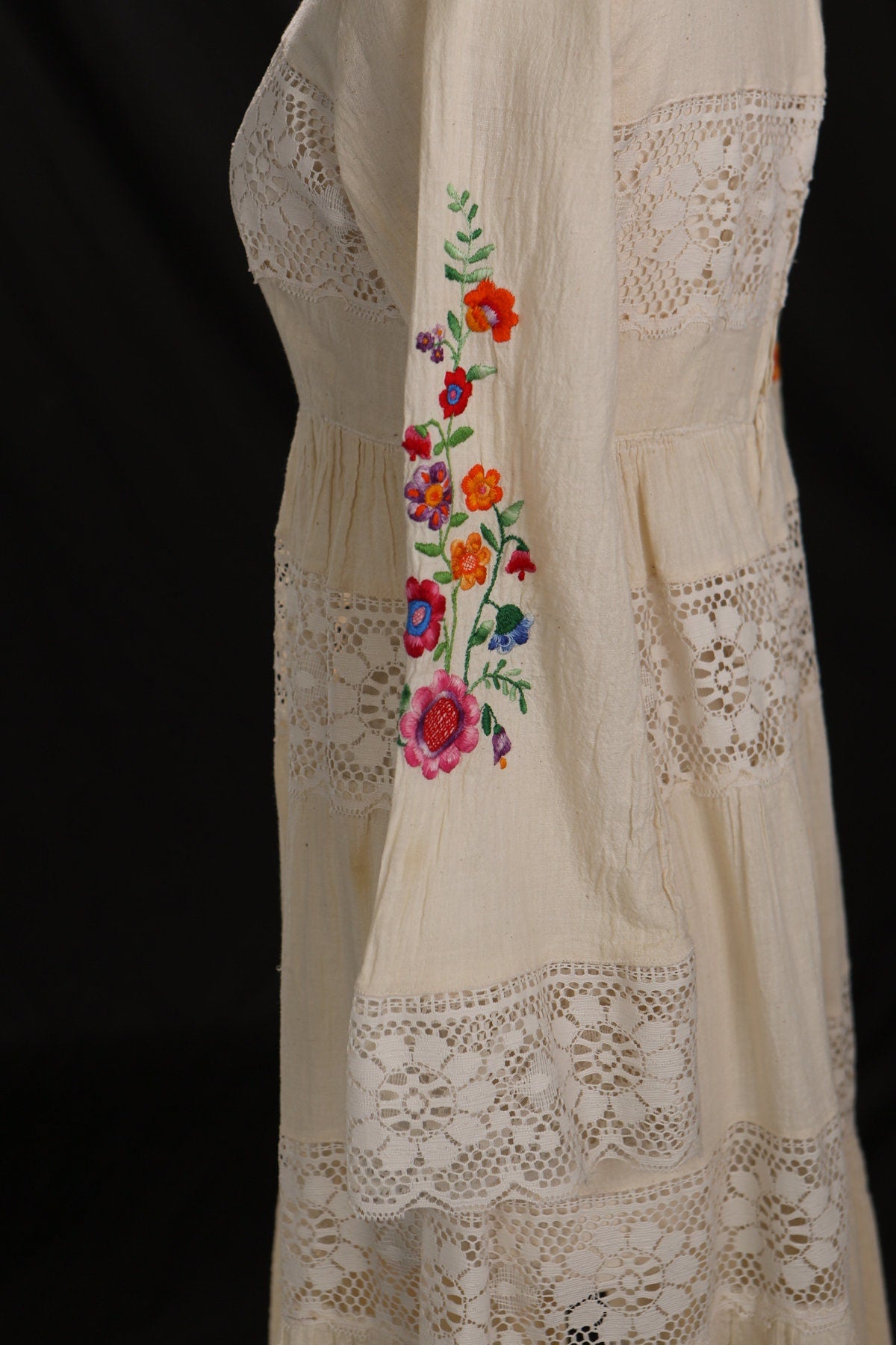 Vintage Women Cotton Lace Embroidered Beige Summer Dress