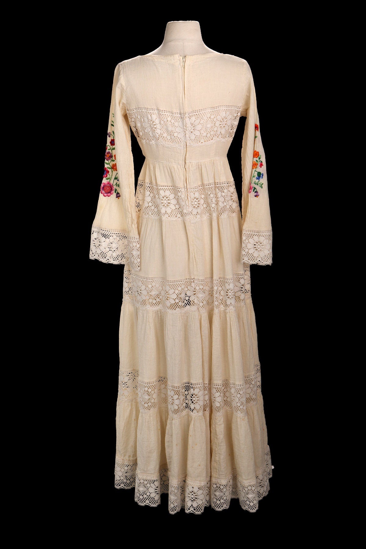 Vintage Women Cotton Lace Embroidered Beige Summer Dress