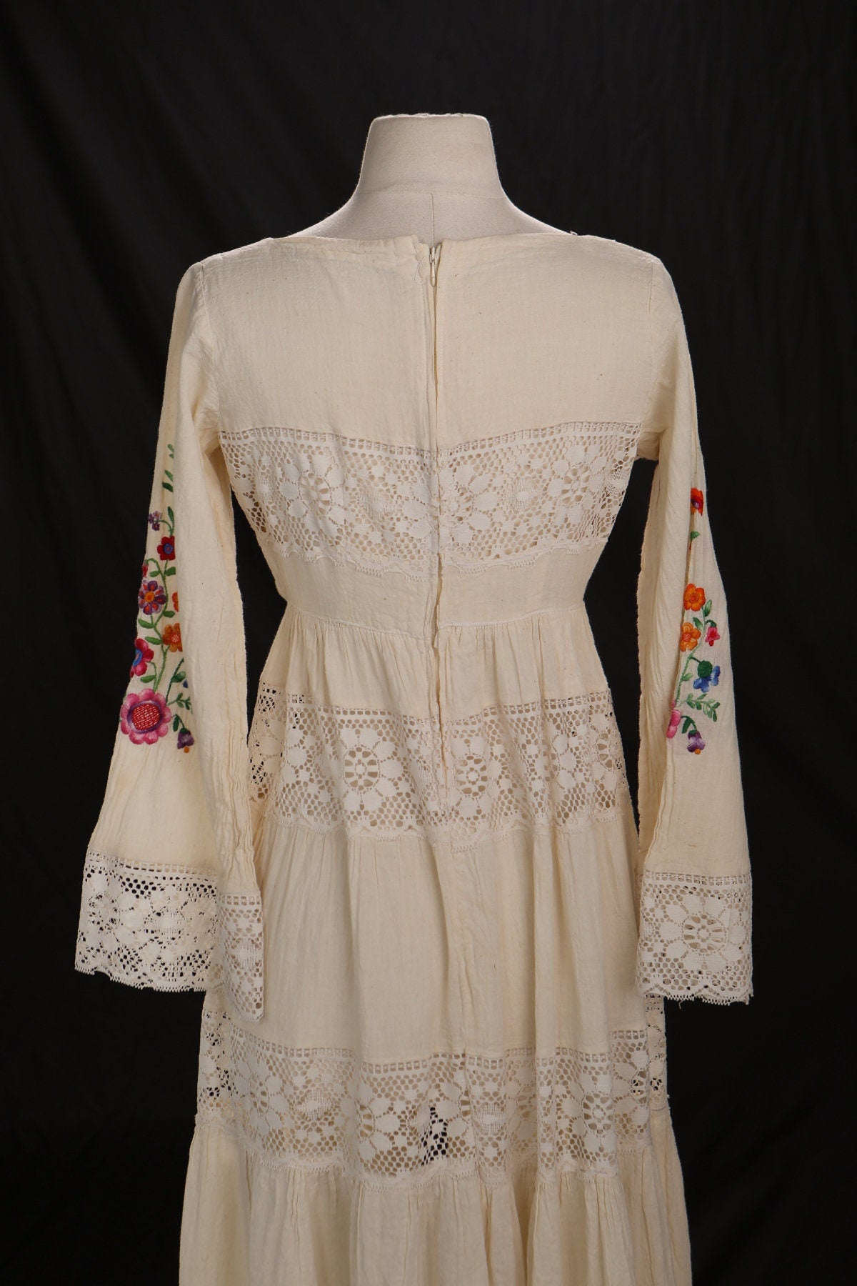 Vintage Women Cotton Lace Embroidered Beige Summer Dress