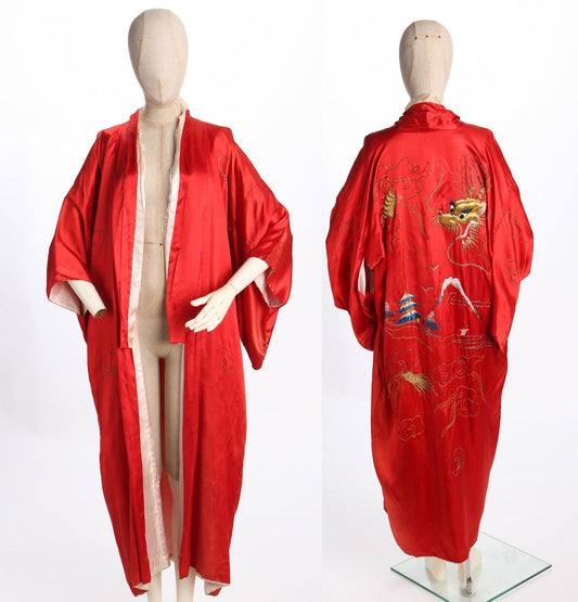 Vintage Red Embroidered Kimono Robe