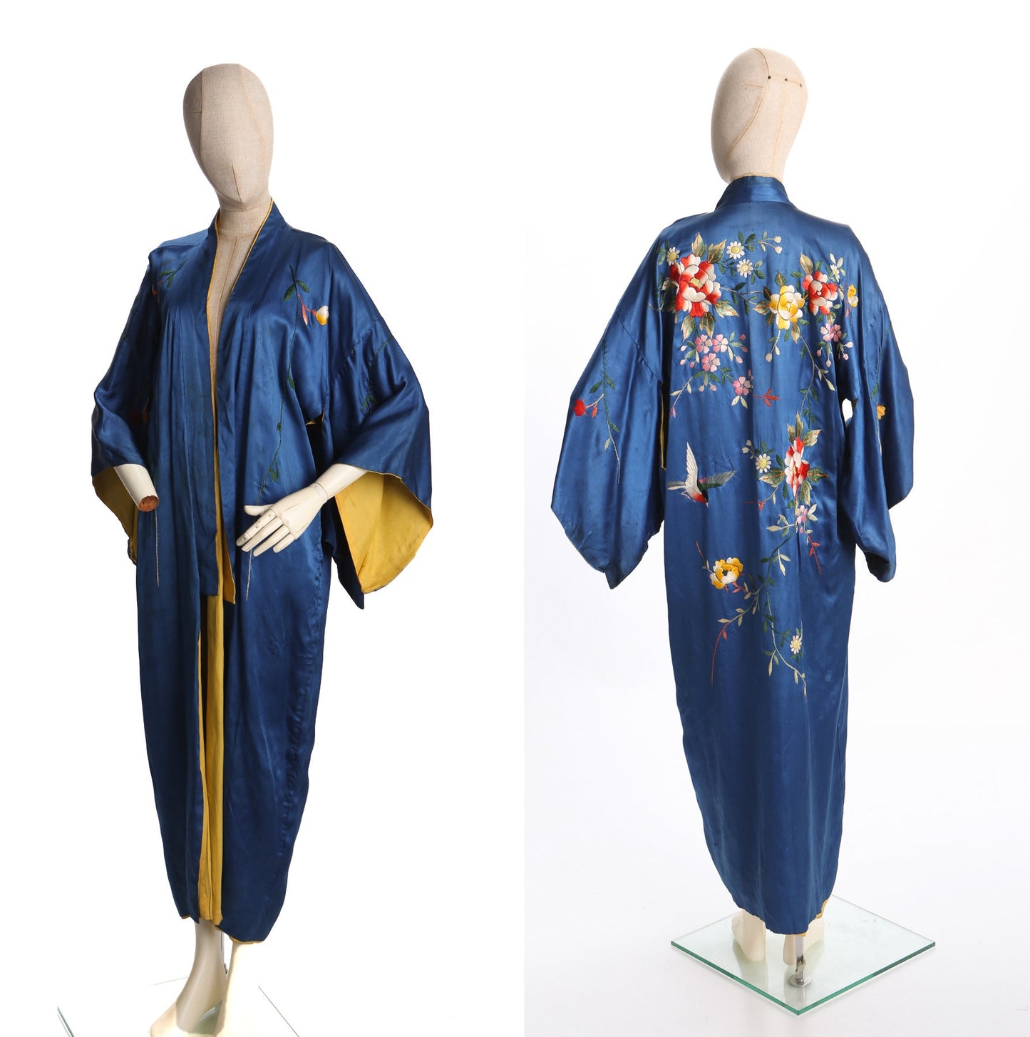 Vintage Blue Embroidered Flowers Kimono Robe