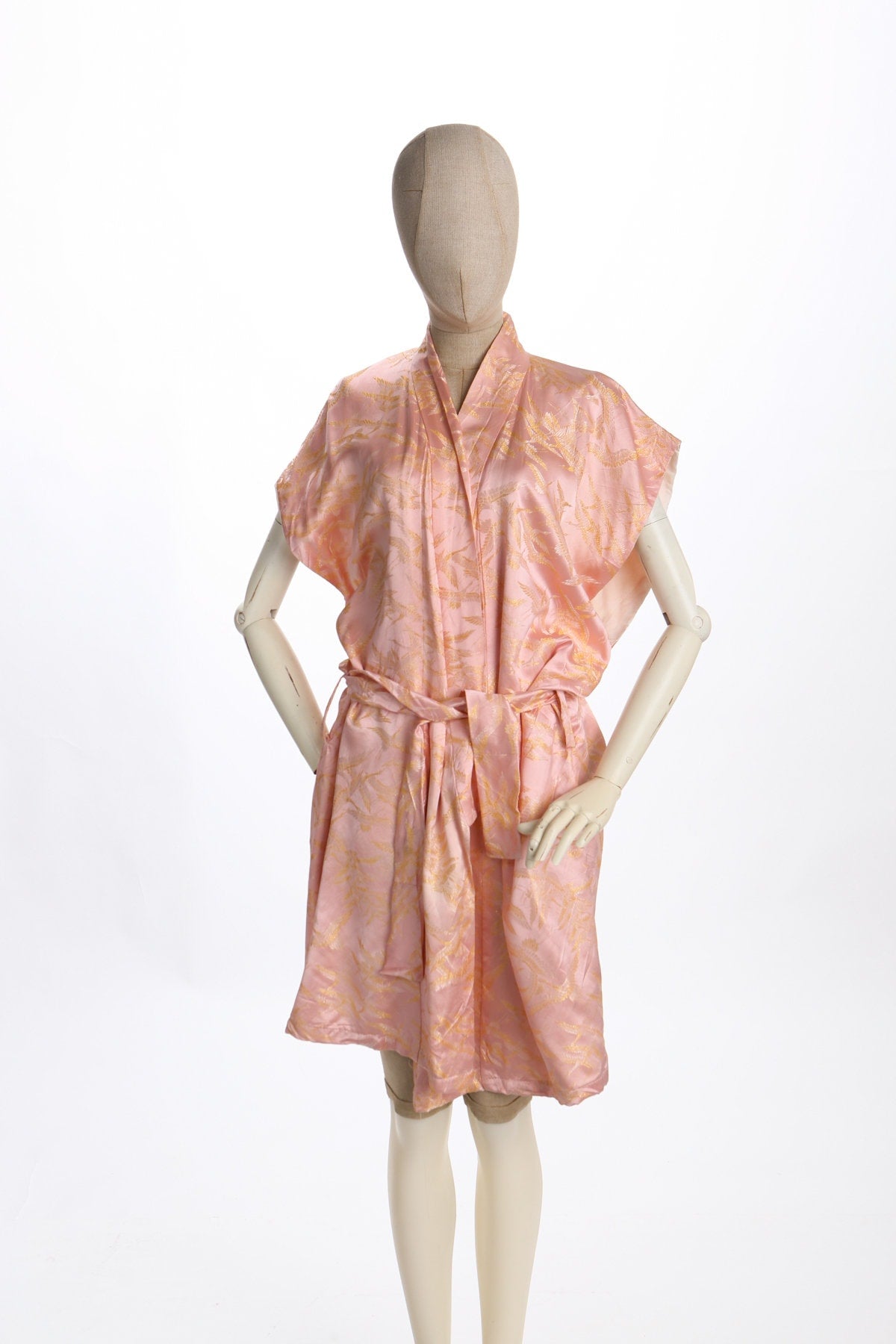 Pink Night Robe Sleeveless Golden Embroidered Birds