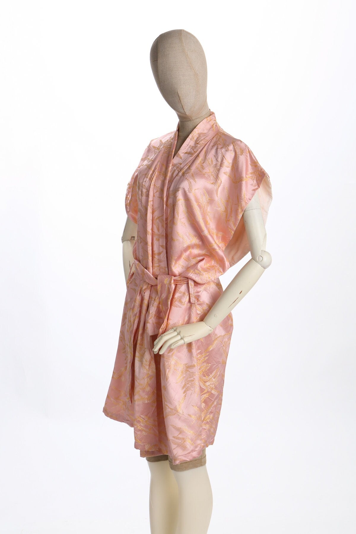 Pink Night Robe Sleeveless Golden Embroidered Birds