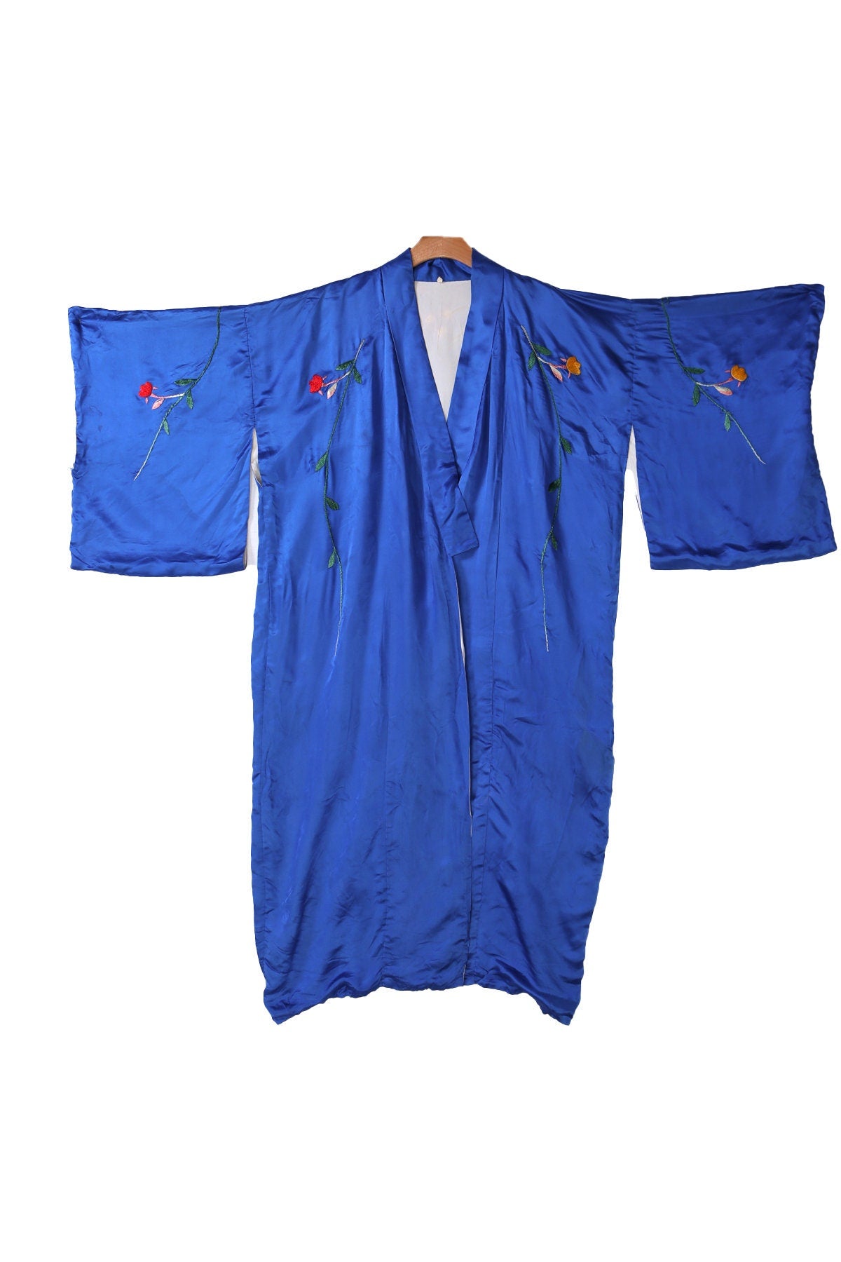Vintage Blue Kimono Robe - Floral Embroidery