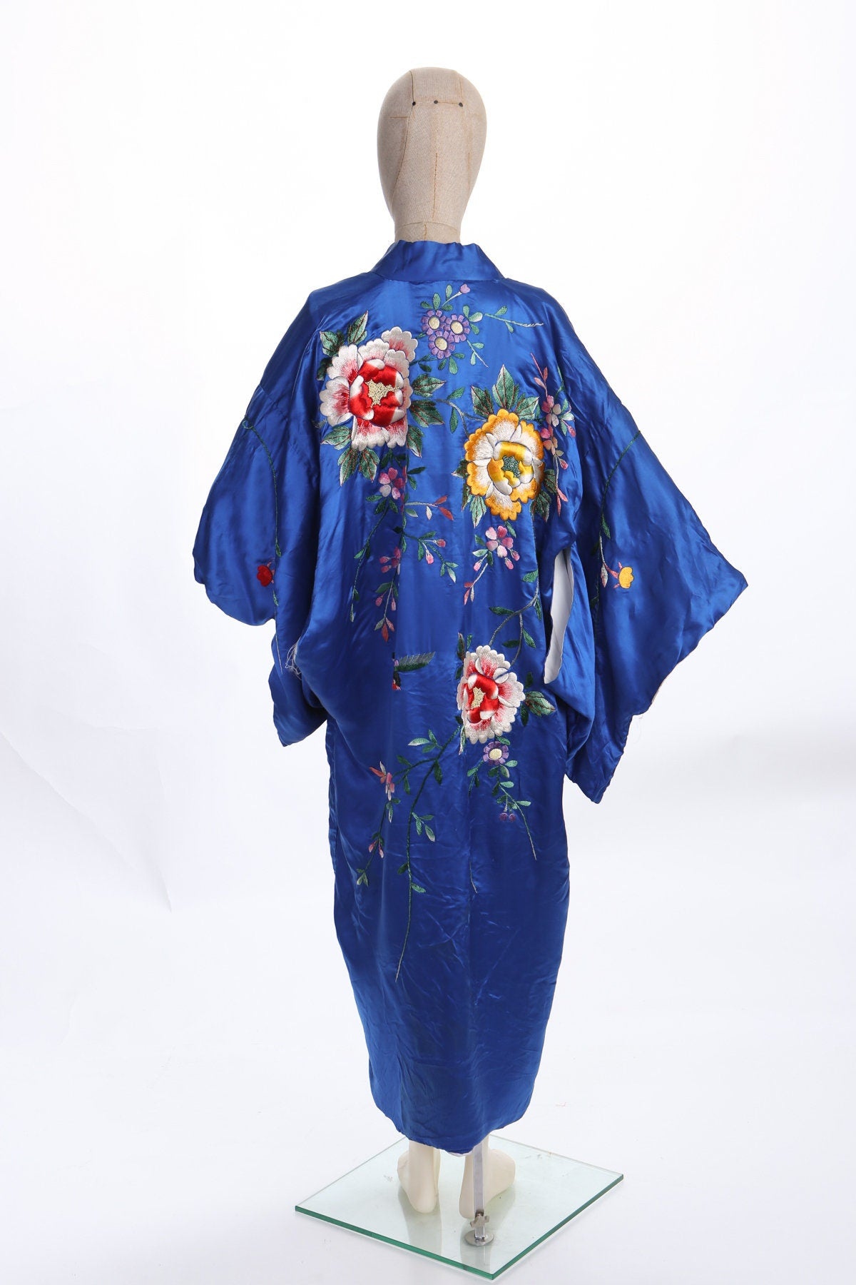 Vintage Blue Kimono Robe - Floral Embroidery