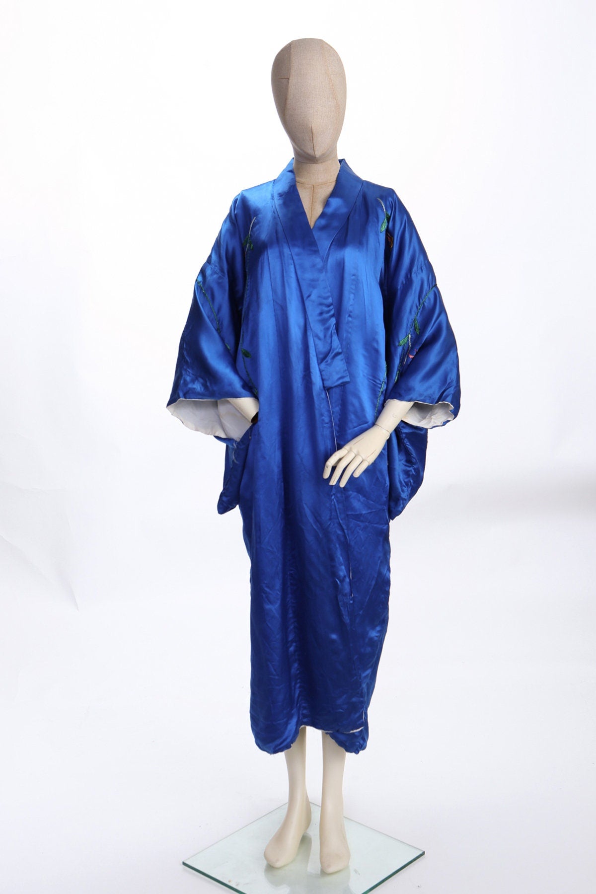 Vintage Blue Kimono Robe - Floral Embroidery