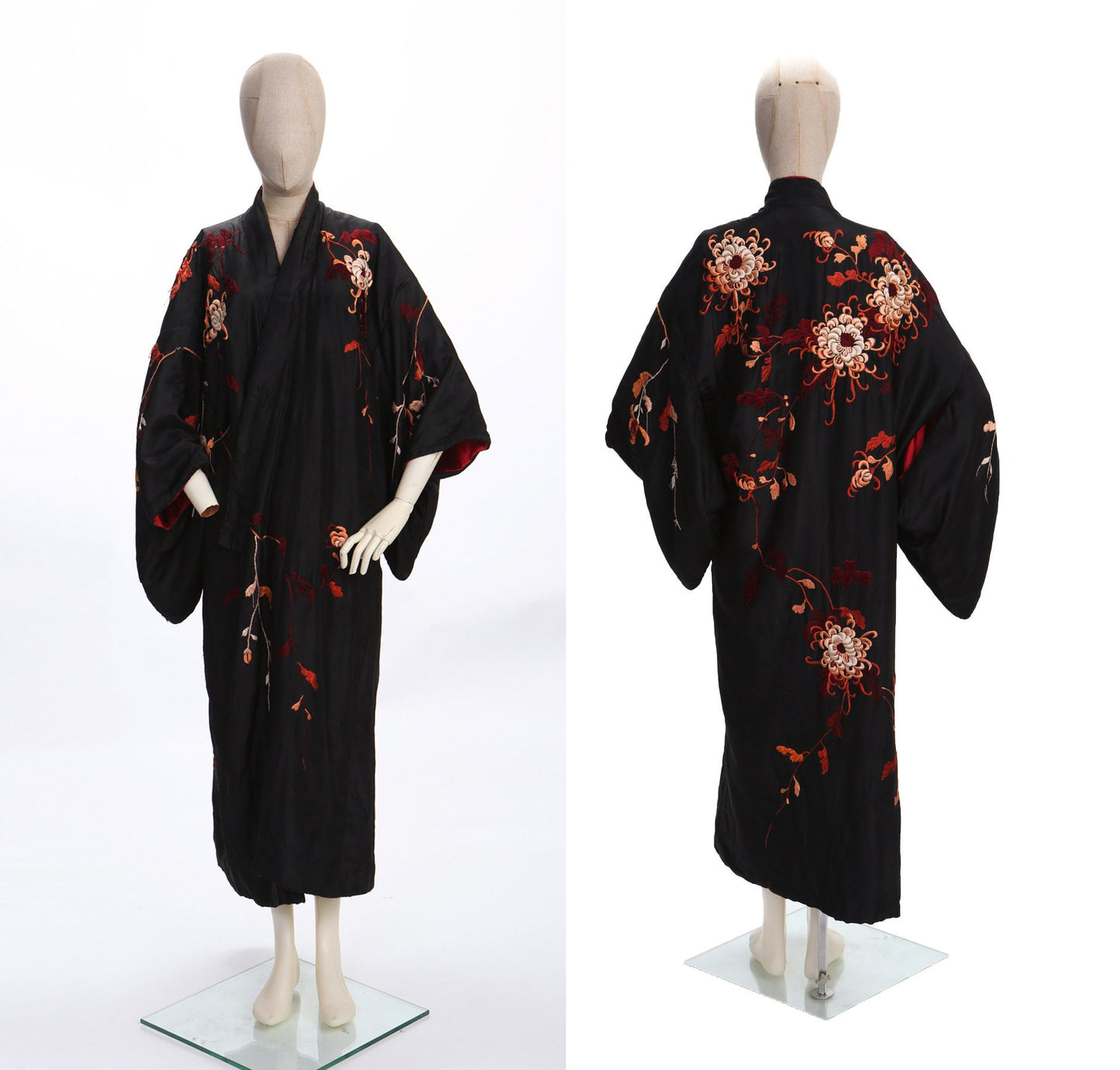 Vintage Black Kimono Robe - Red White Floral Embroidery