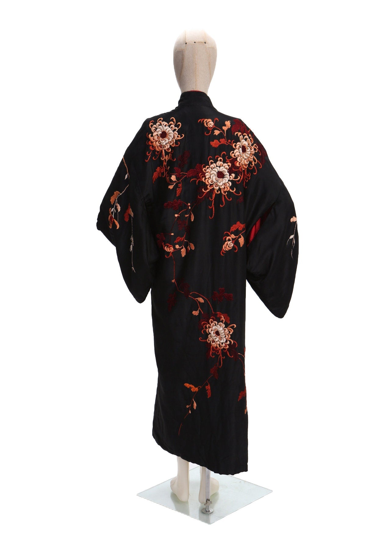Vintage Black Kimono Robe - Red White Floral Embroidery