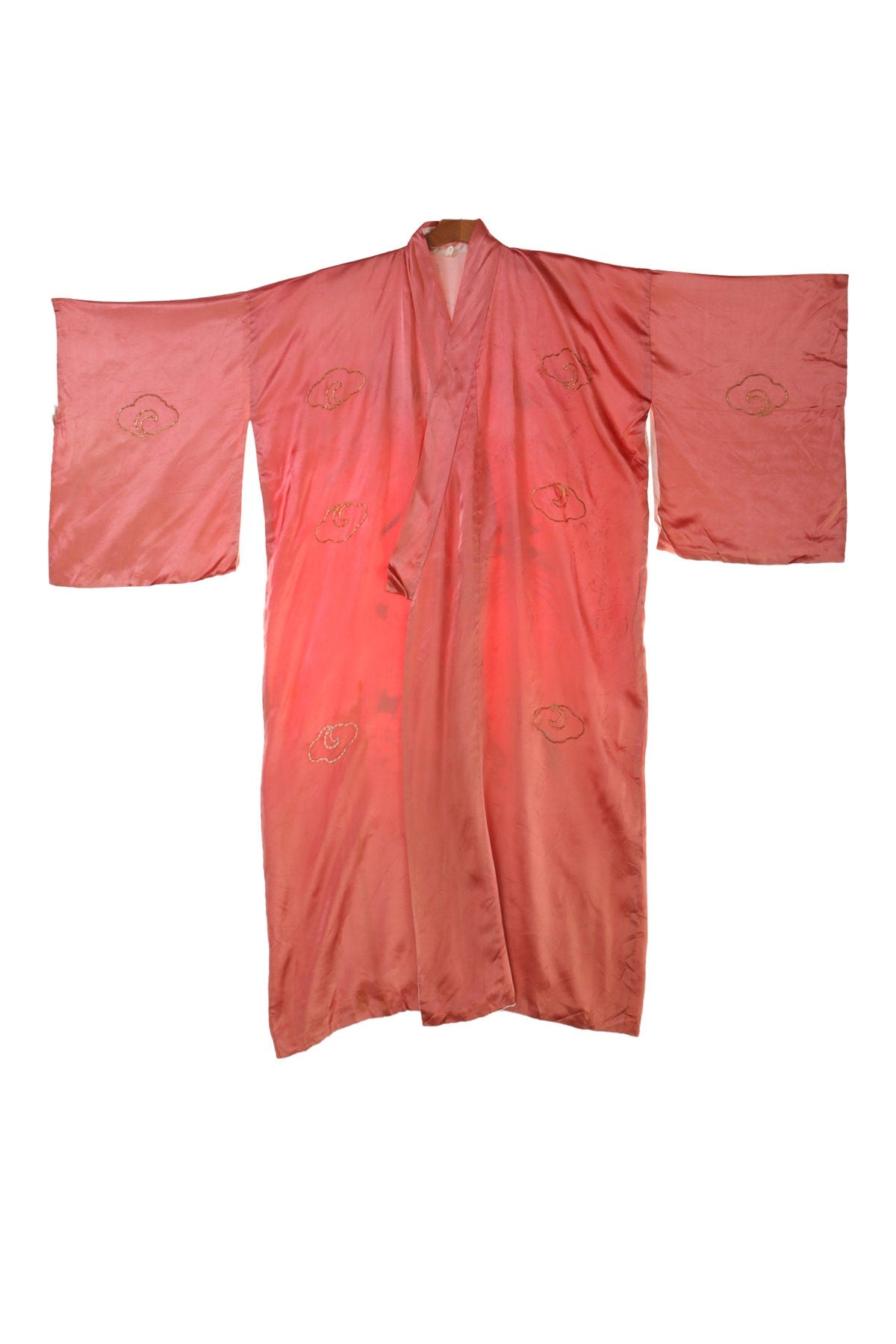 Vintage Pink Kimono Robe With Golden Dragon and Japan Mt. Fuji Embroidery