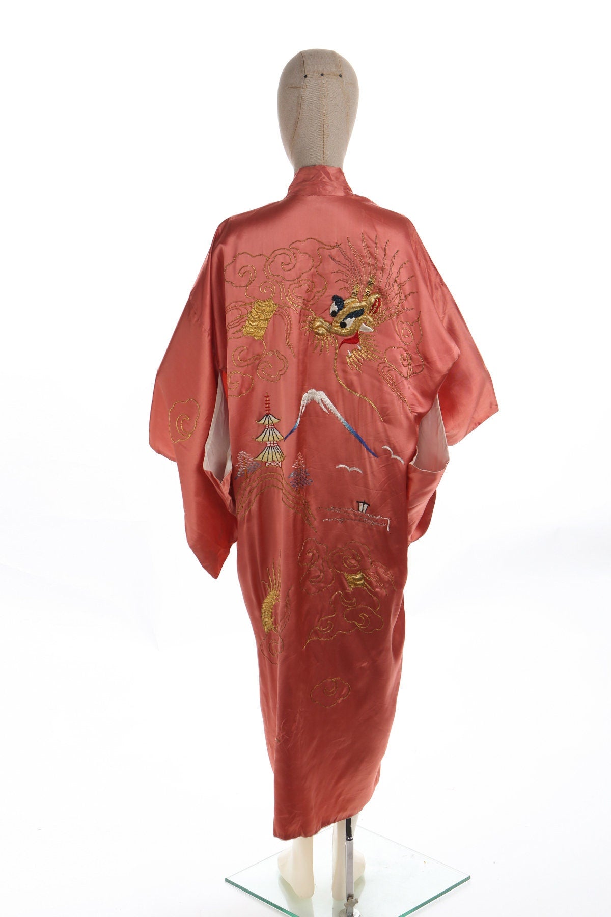 Vintage Pink Kimono Robe With Golden Dragon and Japan Mt. Fuji Embroidery