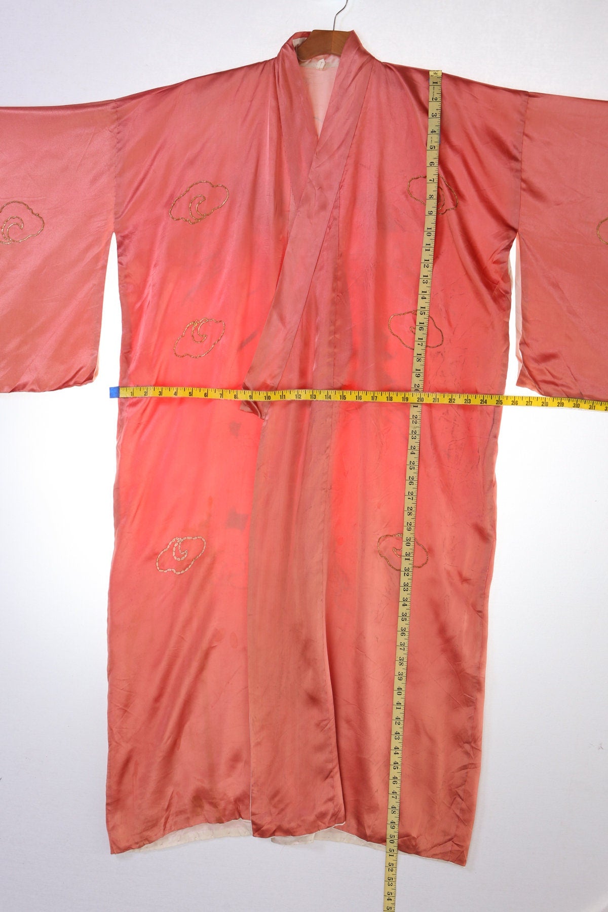 Vintage Pink Kimono Robe With Golden Dragon and Japan Mt. Fuji Embroidery