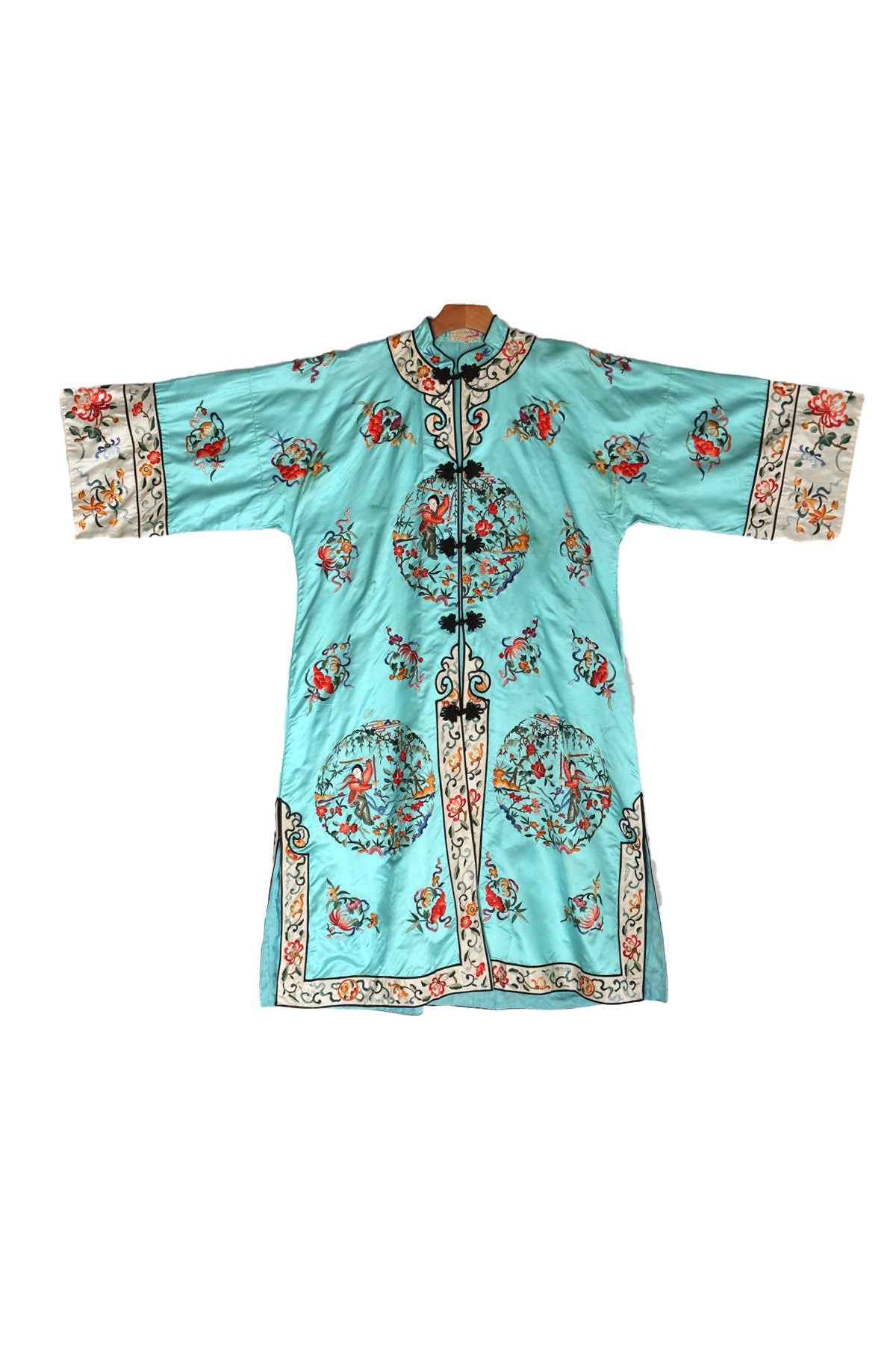 Vintage Cheongsam Robe - Light Green with Floral Embroidery