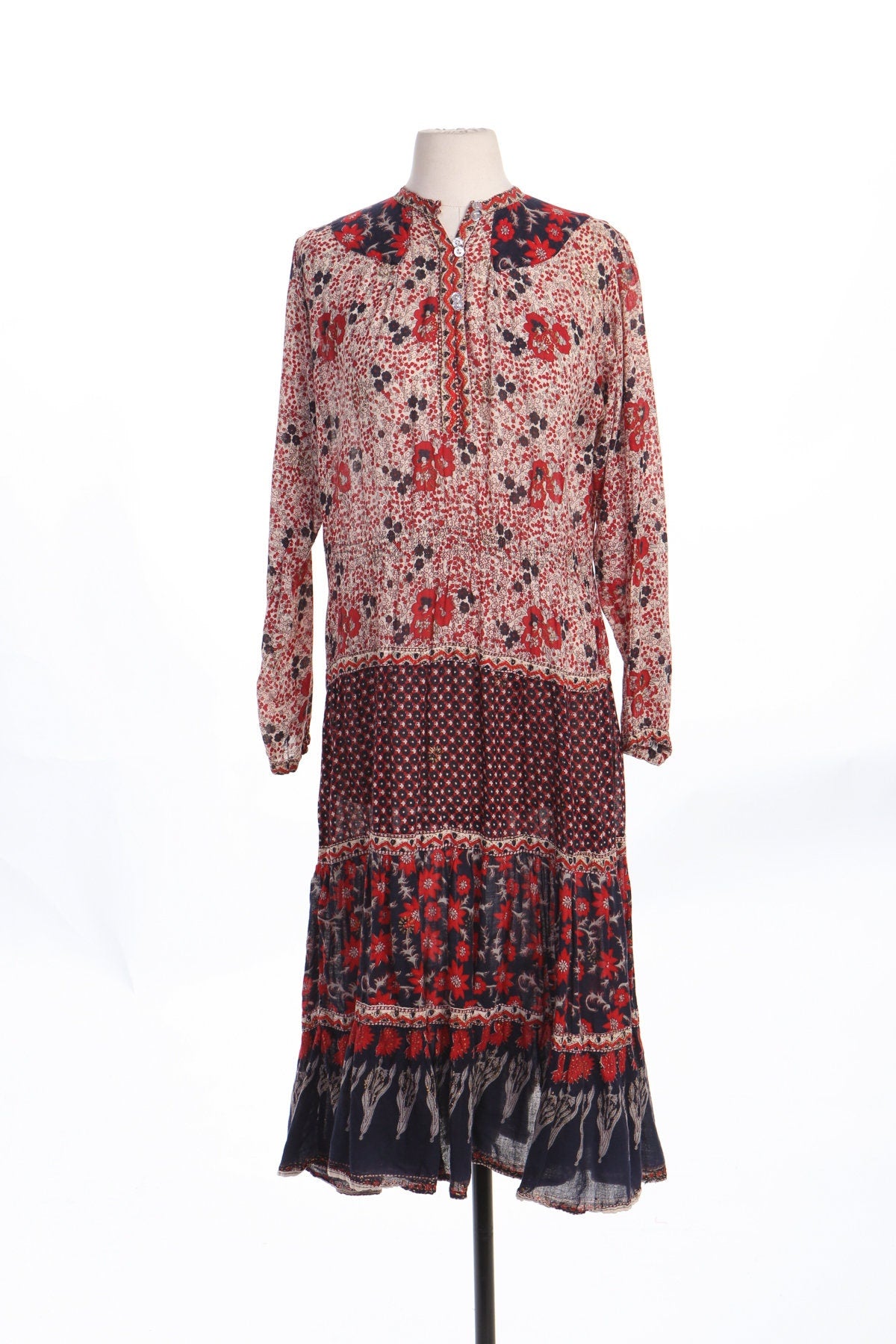 Vintage Boho Block Print White Red Floral Summer Dress