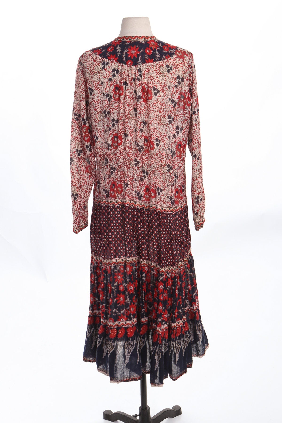 Vintage Boho Block Print White Red Floral Summer Dress