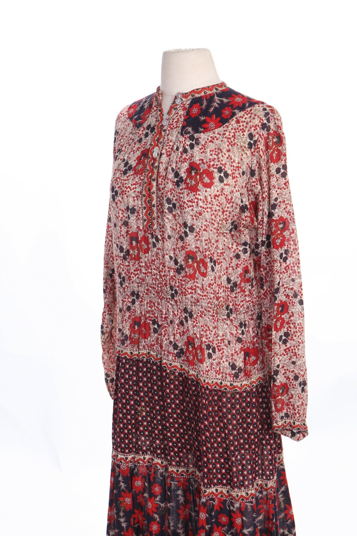 Vintage Boho Block Print White Red Floral Summer Dress