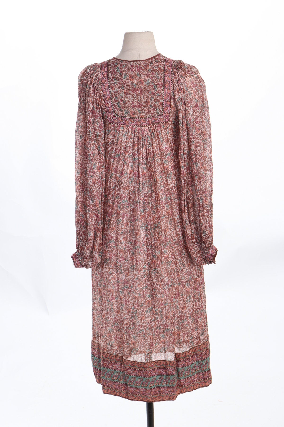 Vintage Women Floral Block Print Boho Pink and White Summer Dress