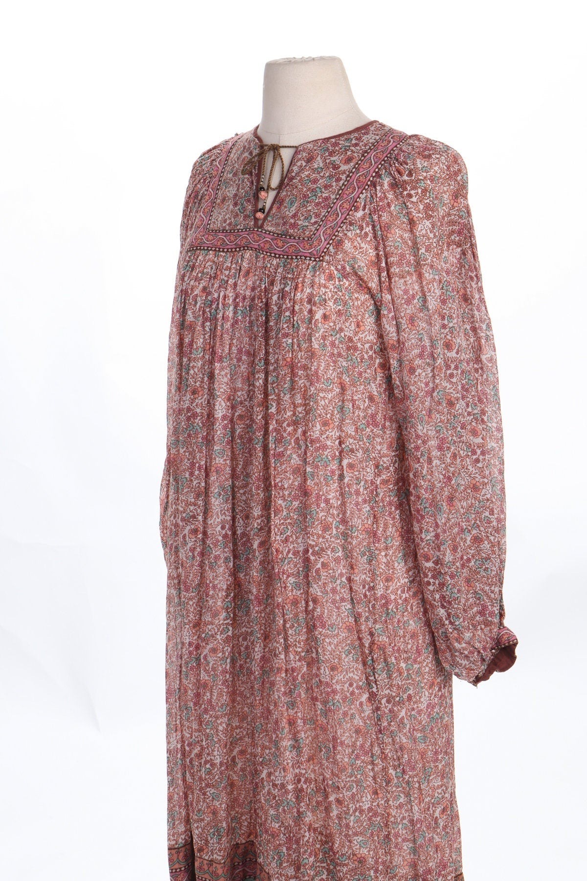 Vintage Women Floral Block Print Boho Pink and White Summer Dress