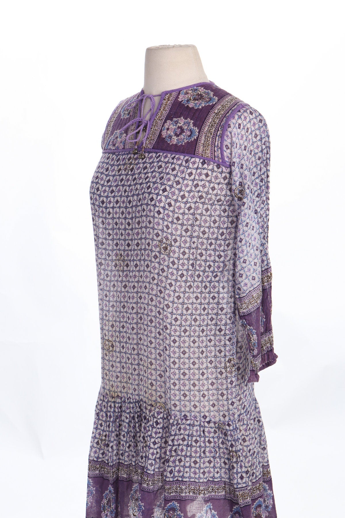 Vintage Indian Dress Block Print Paisley Design Purple Summer Hippie