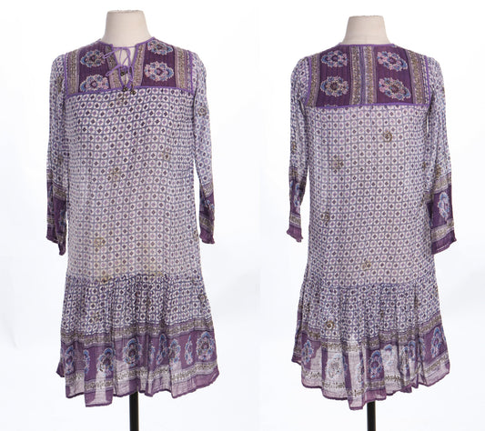 Vintage Indian Dress Block Print Paisley Design Purple Summer Hippie