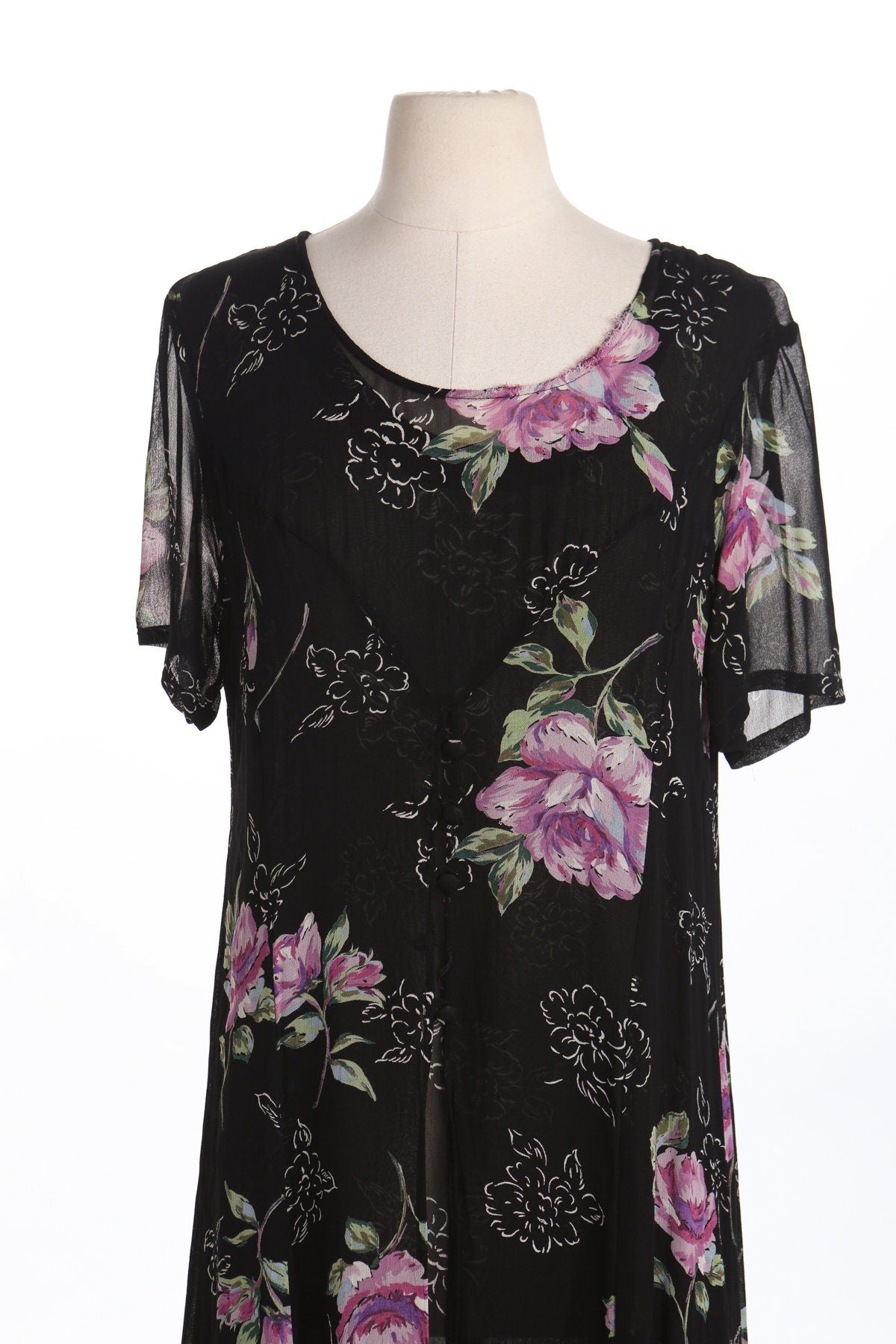 90's Floral Print Black Long Summer Dress