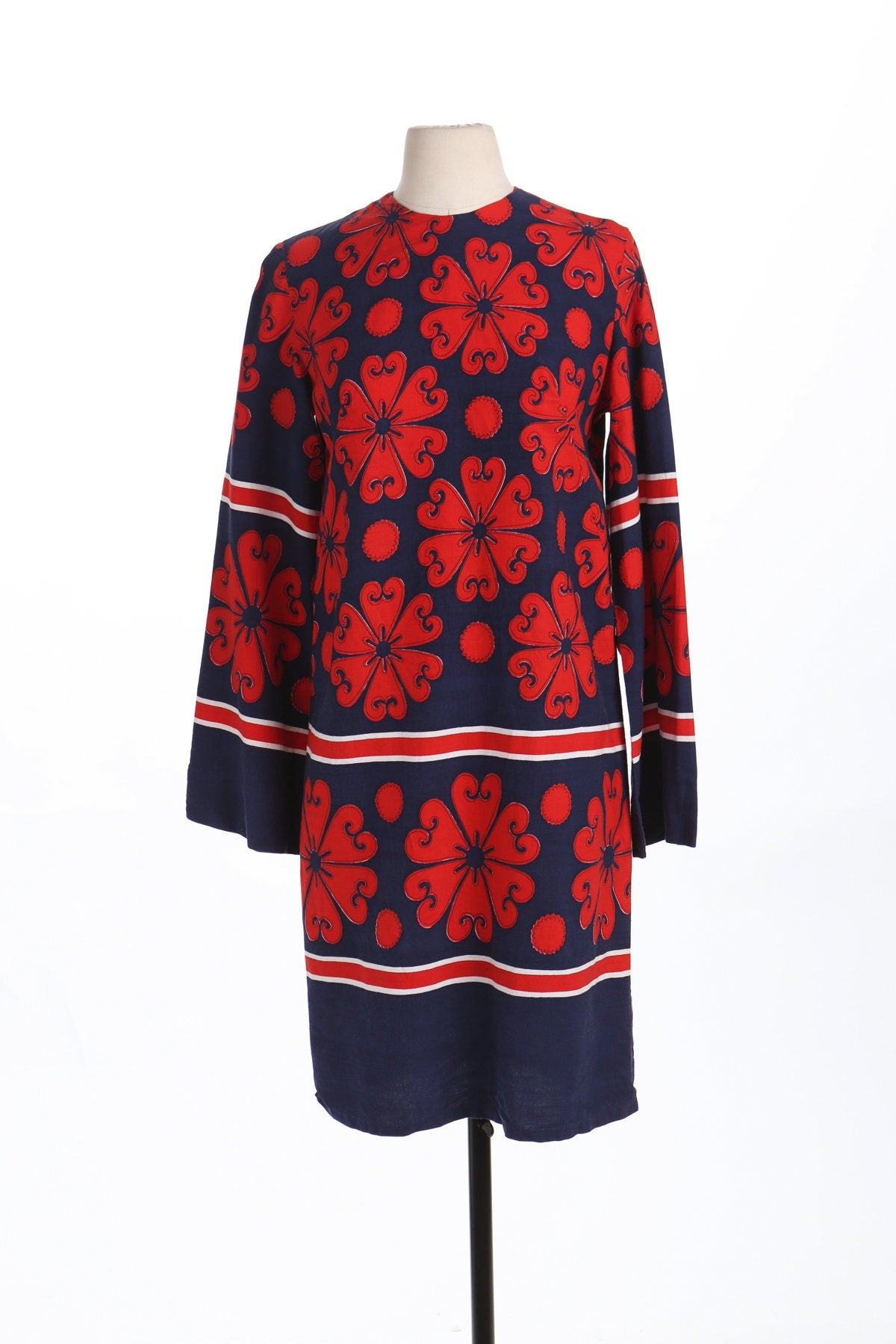 70's Red Flower Print Blue Summer Dress