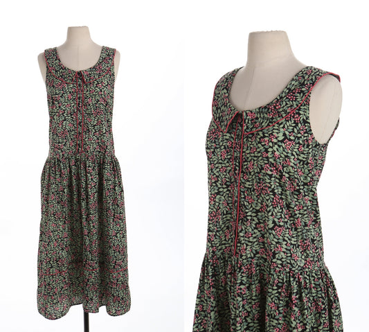 90's Women Black Rayon Floral Print Sleeveless Summer Dress