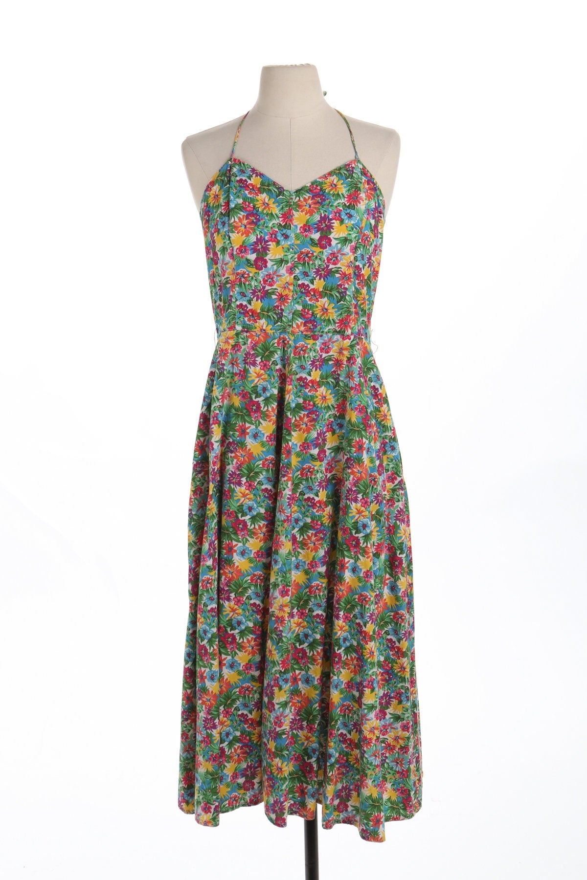 90's Floral Print Cotton Summer Strap Colored Dress