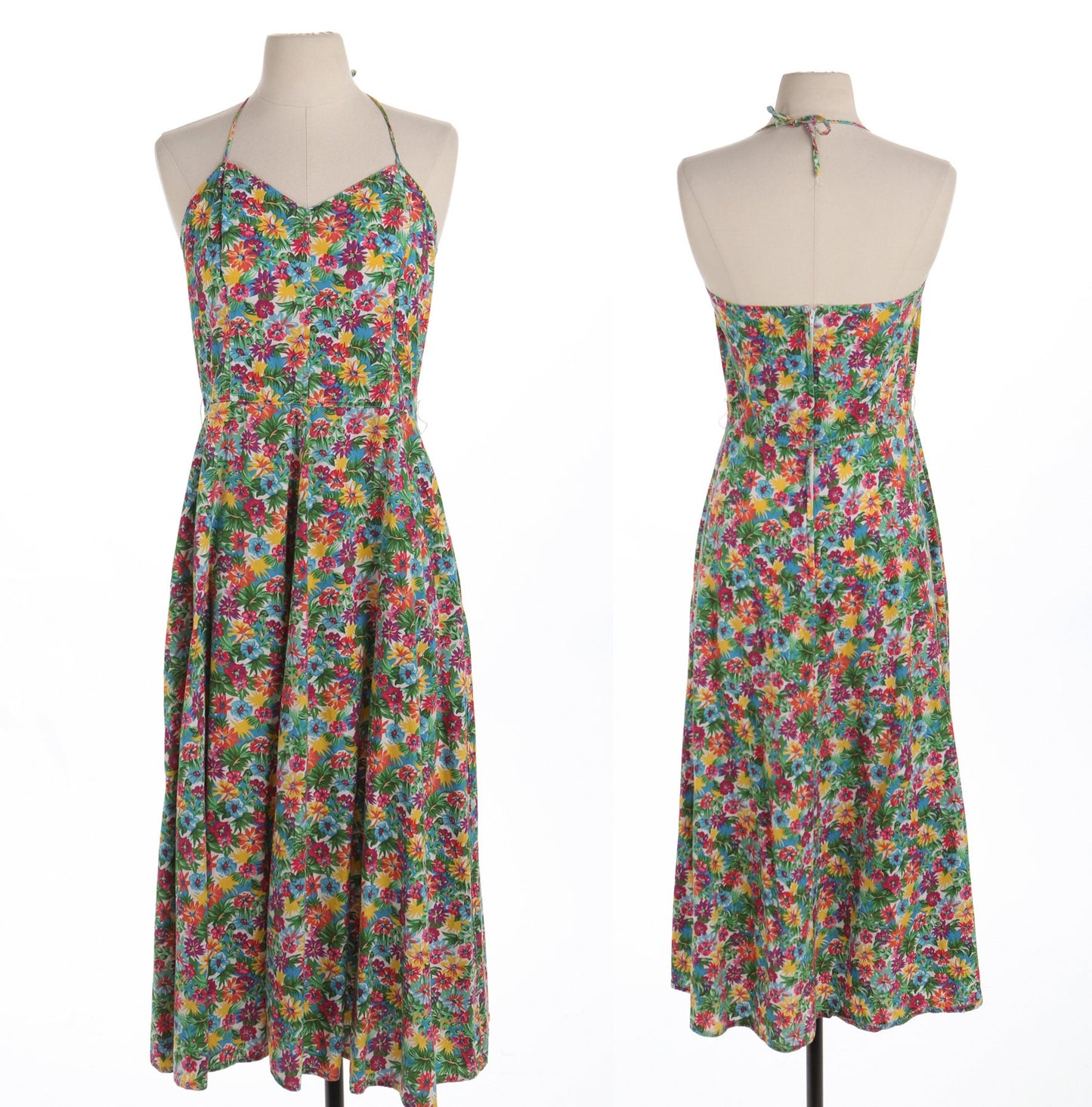 90's Floral Print Cotton Summer Strap Colored Dress