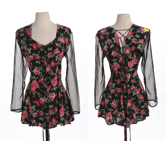 90's Women Black Roses Floral Summer Dress