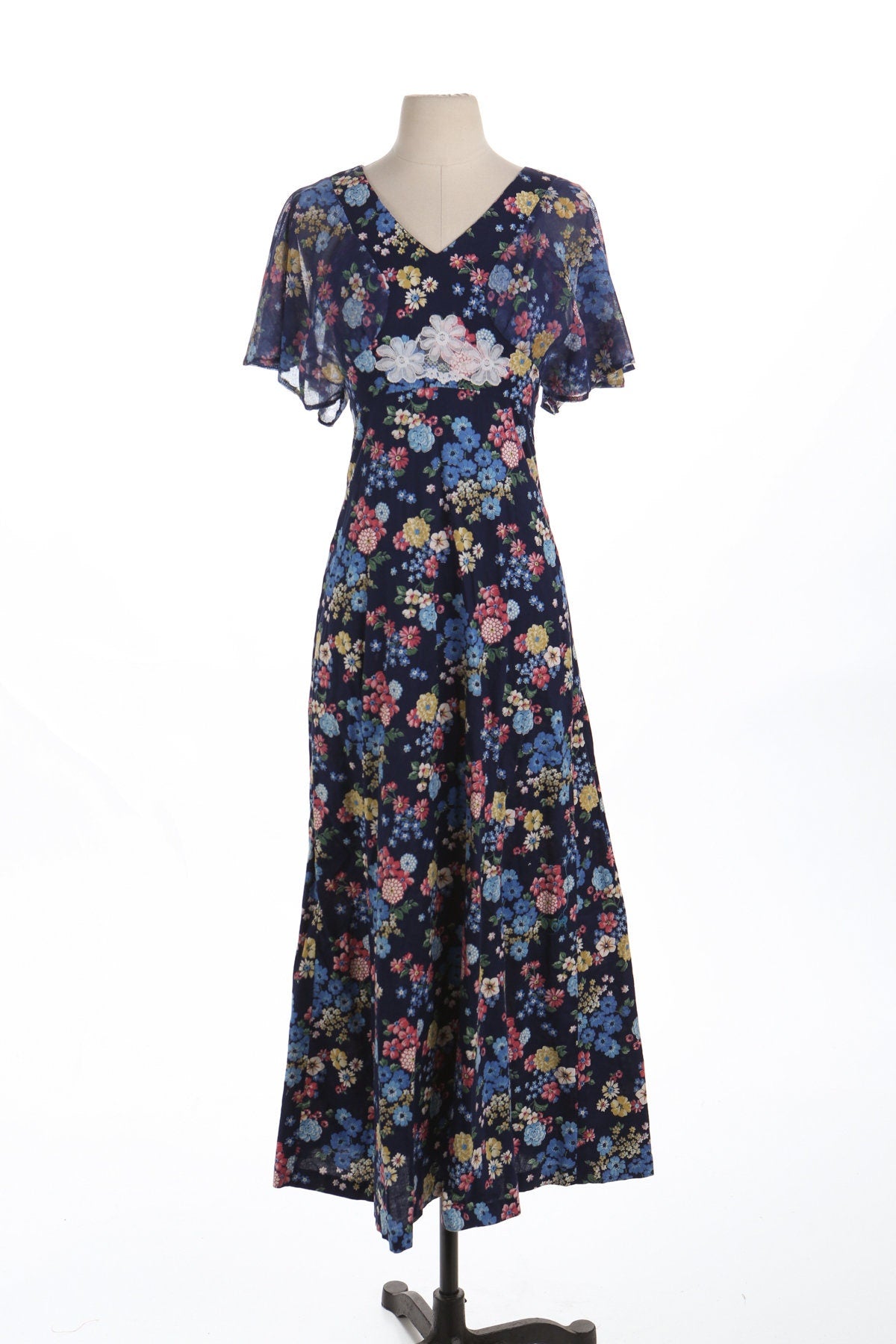 Vintage Women Long Floral Print Blue Summer Dress