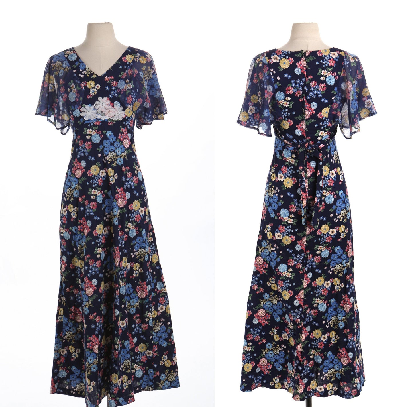 Vintage Women Long Floral Print Blue Summer Dress