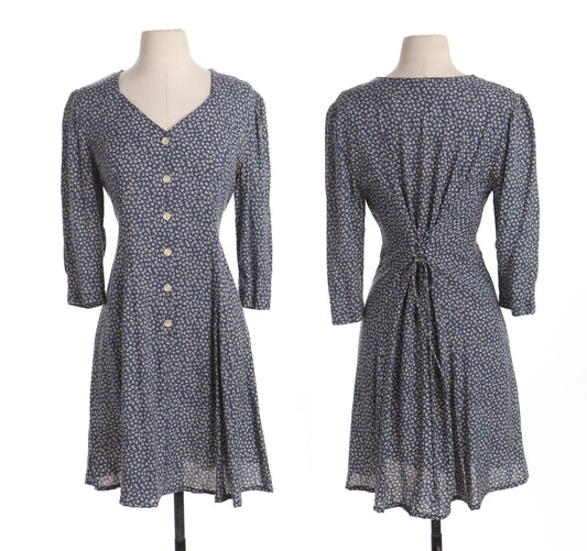 90's Women Floral Print Blue Rayon Button Up Dress