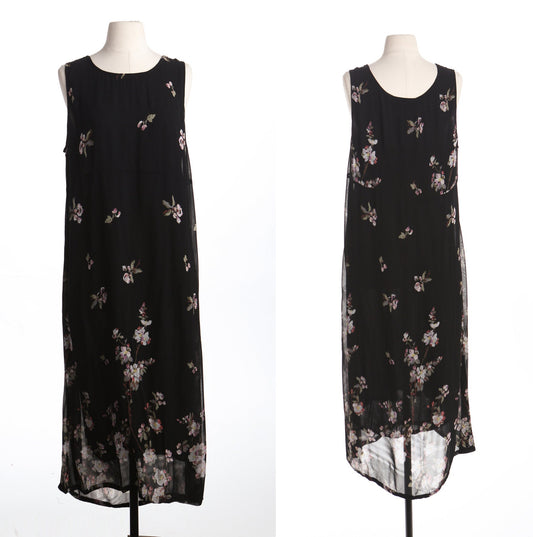 90's Women Black Rayon Floral Print Summer Sleeveless Dress