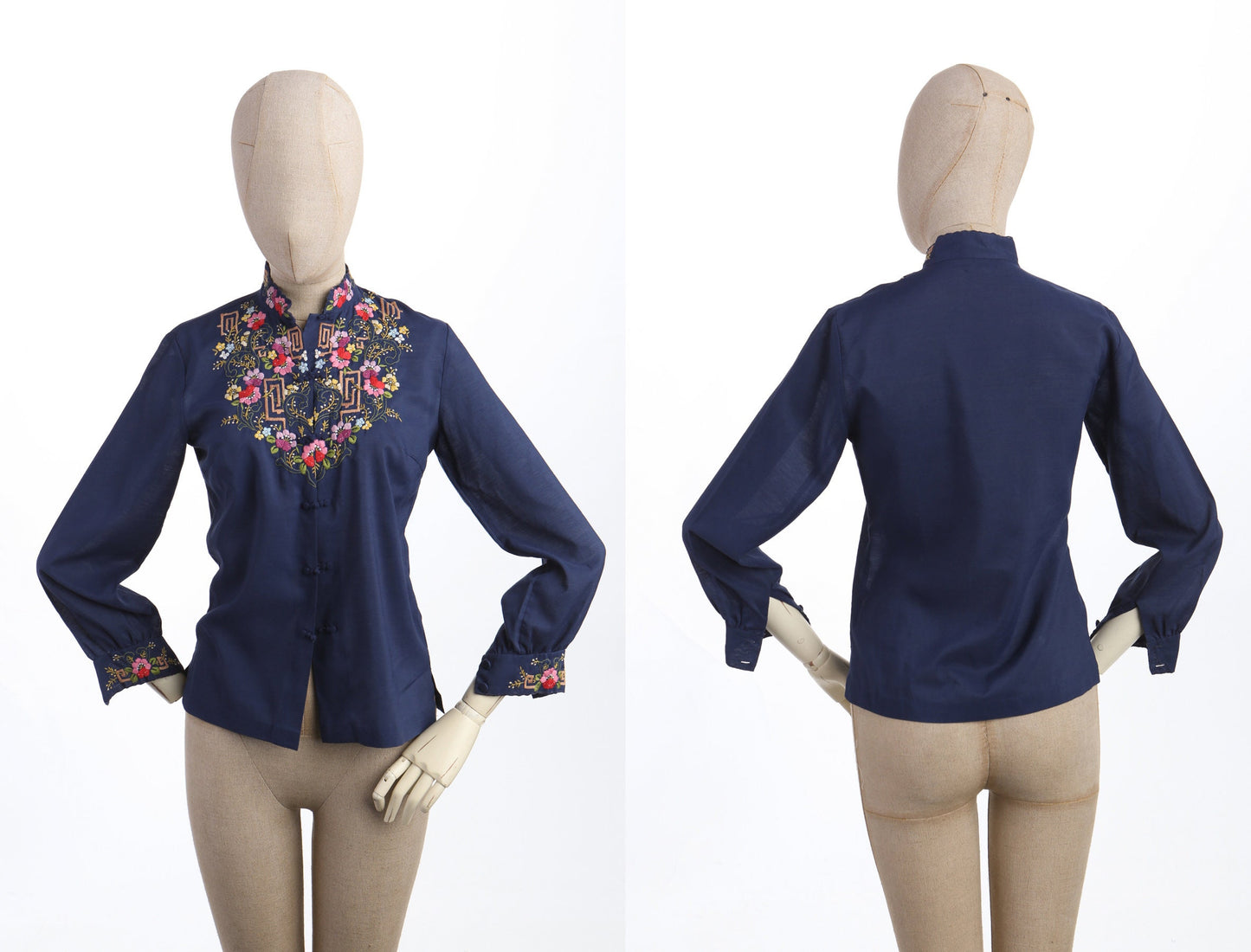 Vintage Cheogsam Blue Blouse With Floral Embroidery
