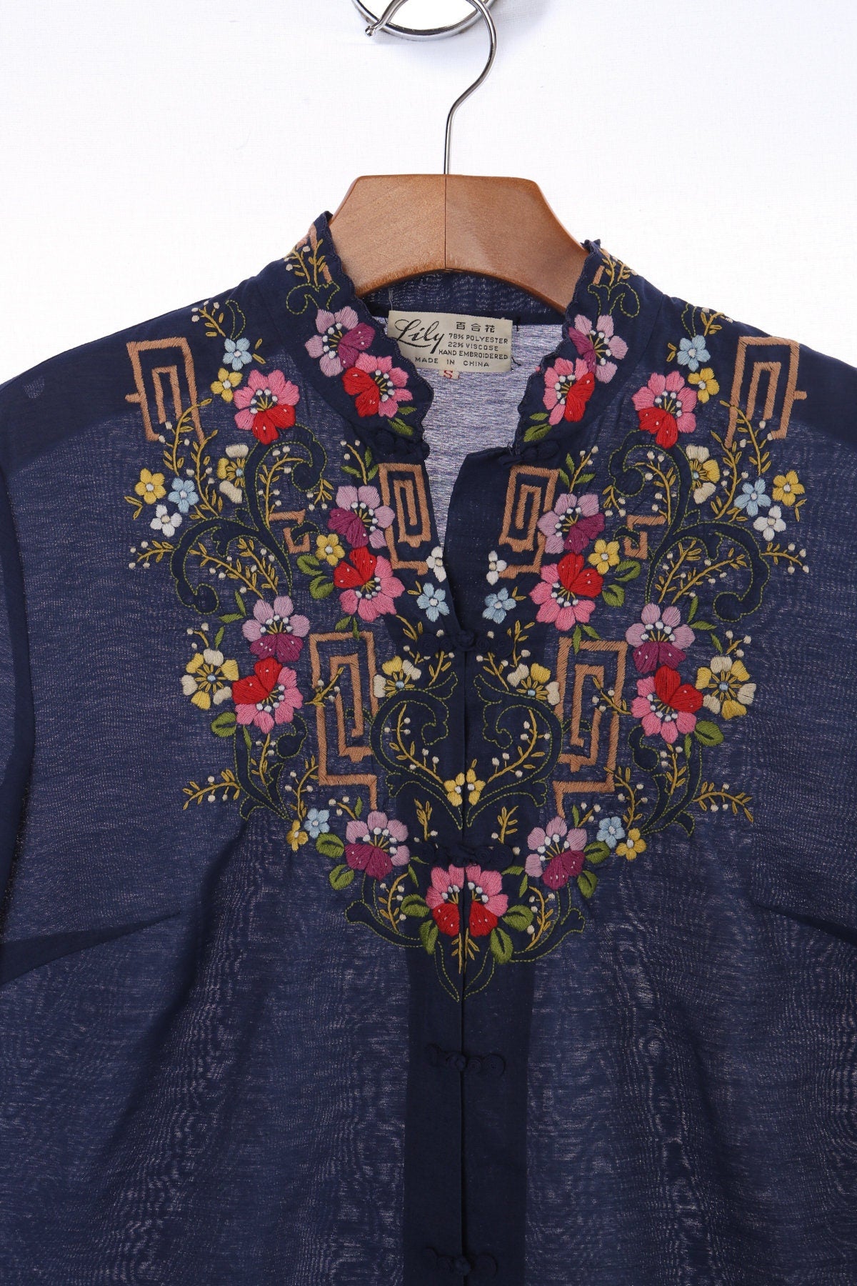 Vintage Cheogsam Blue Blouse With Floral Embroidery