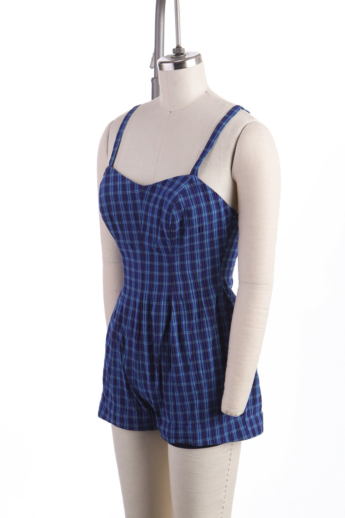 Vintage Women Blue Plaid Swimsuit