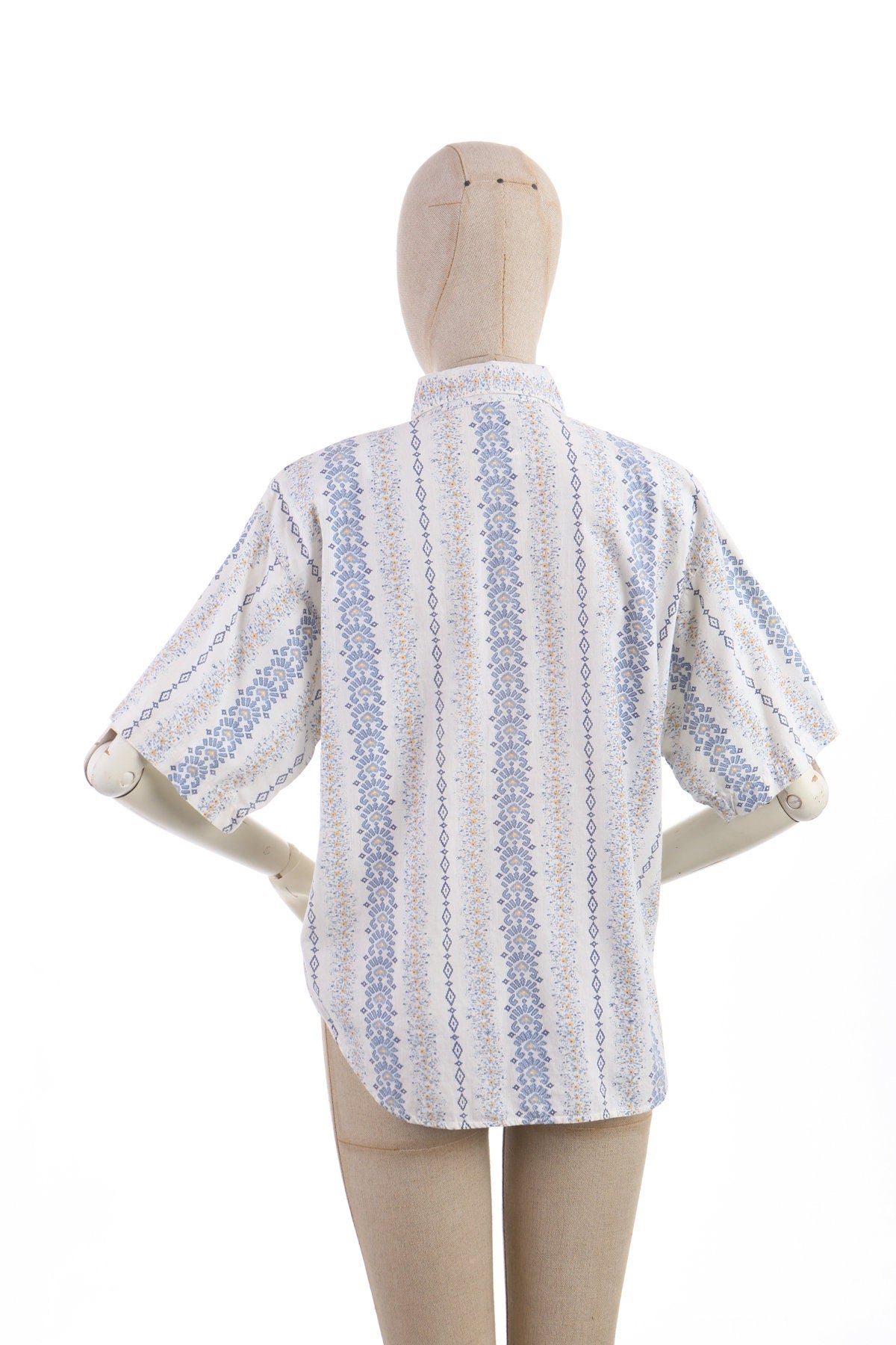 Vintage Men Block Print White Short Sleeve Cotton Shirt