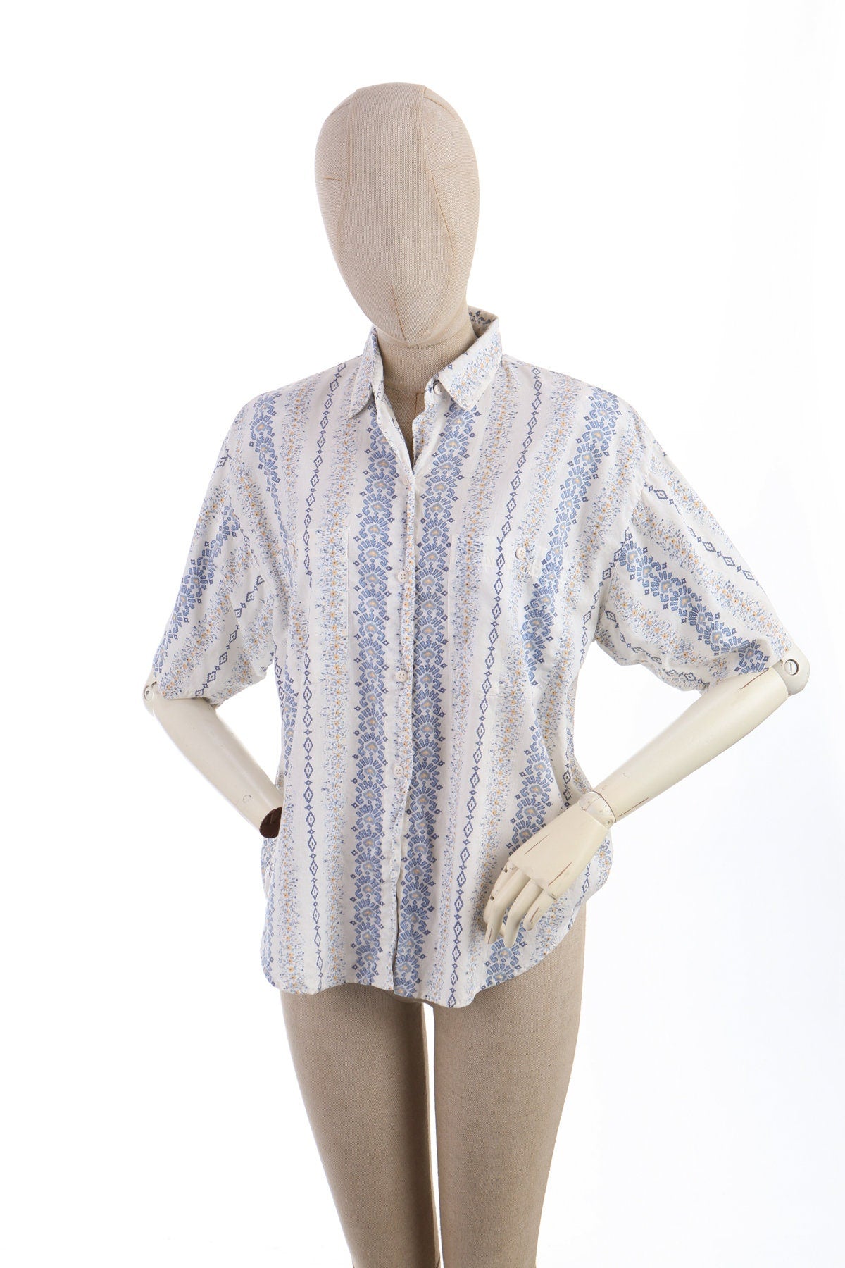 Vintage Men Block Print White Short Sleeve Cotton Shirt