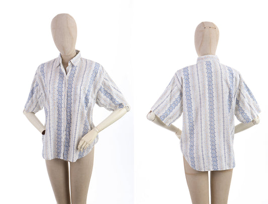 Vintage Men Block Print White Short Sleeve Cotton Shirt