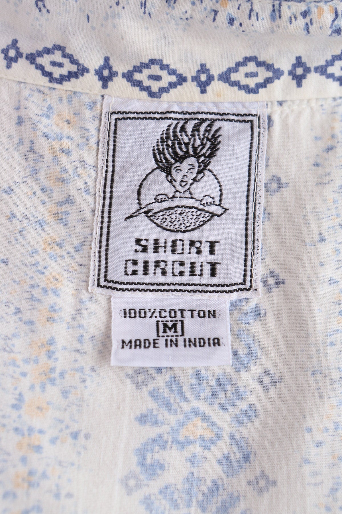 Vintage Men Block Print White Short Sleeve Cotton Shirt