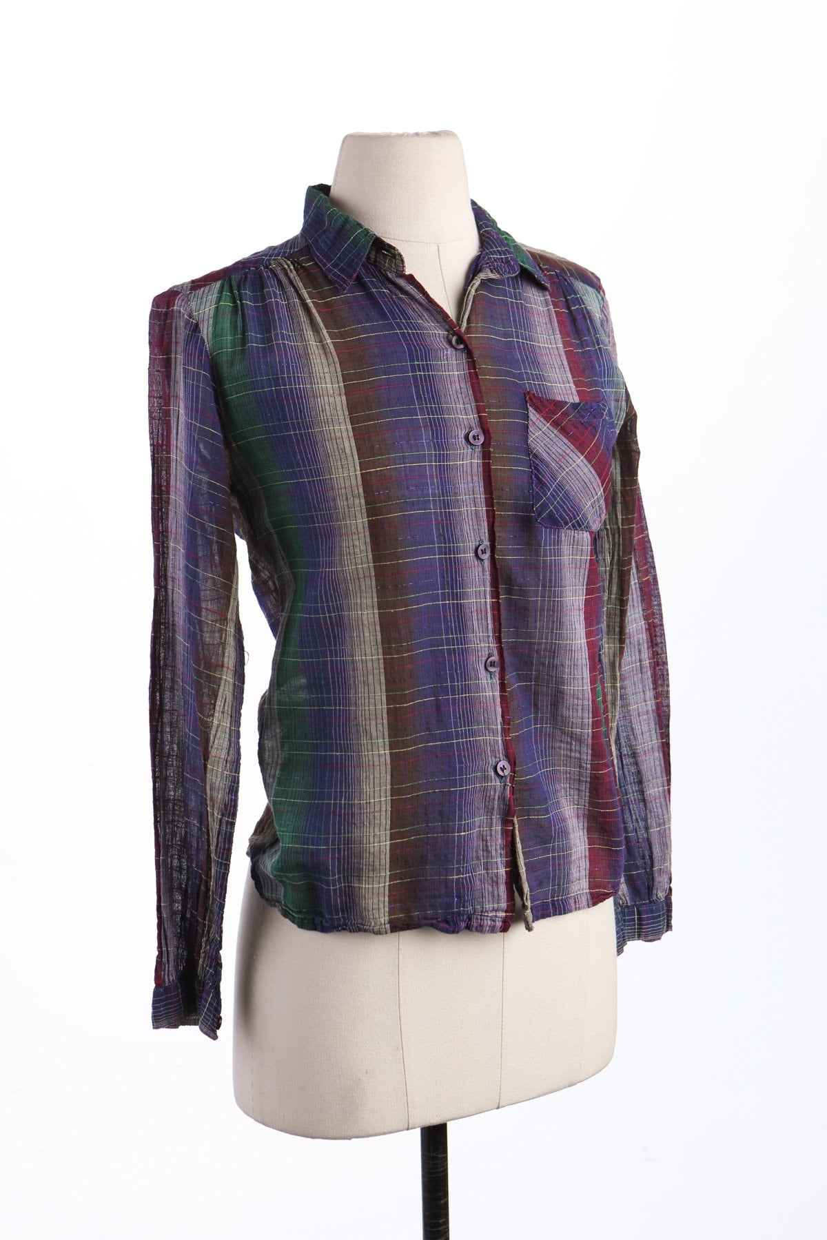70's Women Plaid Cotton Button Up Blouse