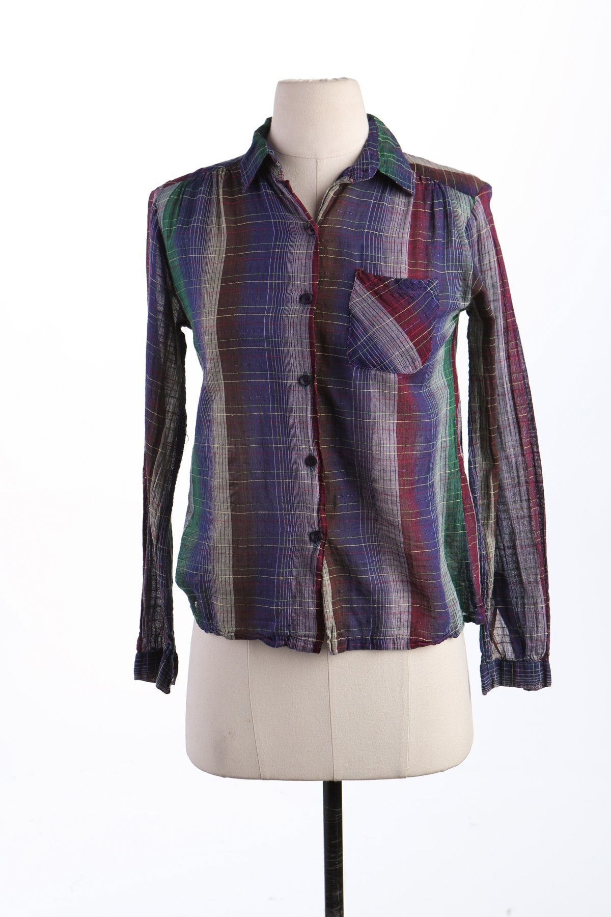 70's Women Plaid Cotton Button Up Blouse