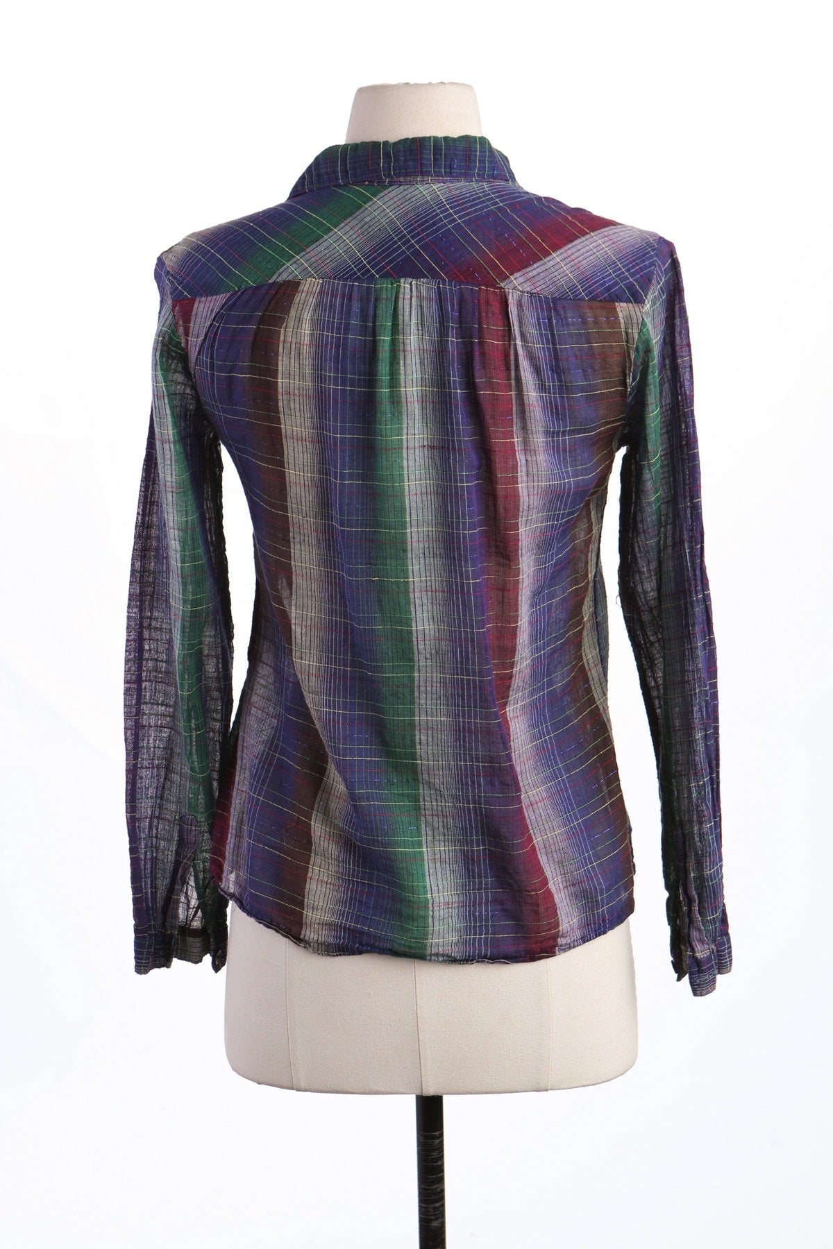 70's Women Plaid Cotton Button Up Blouse