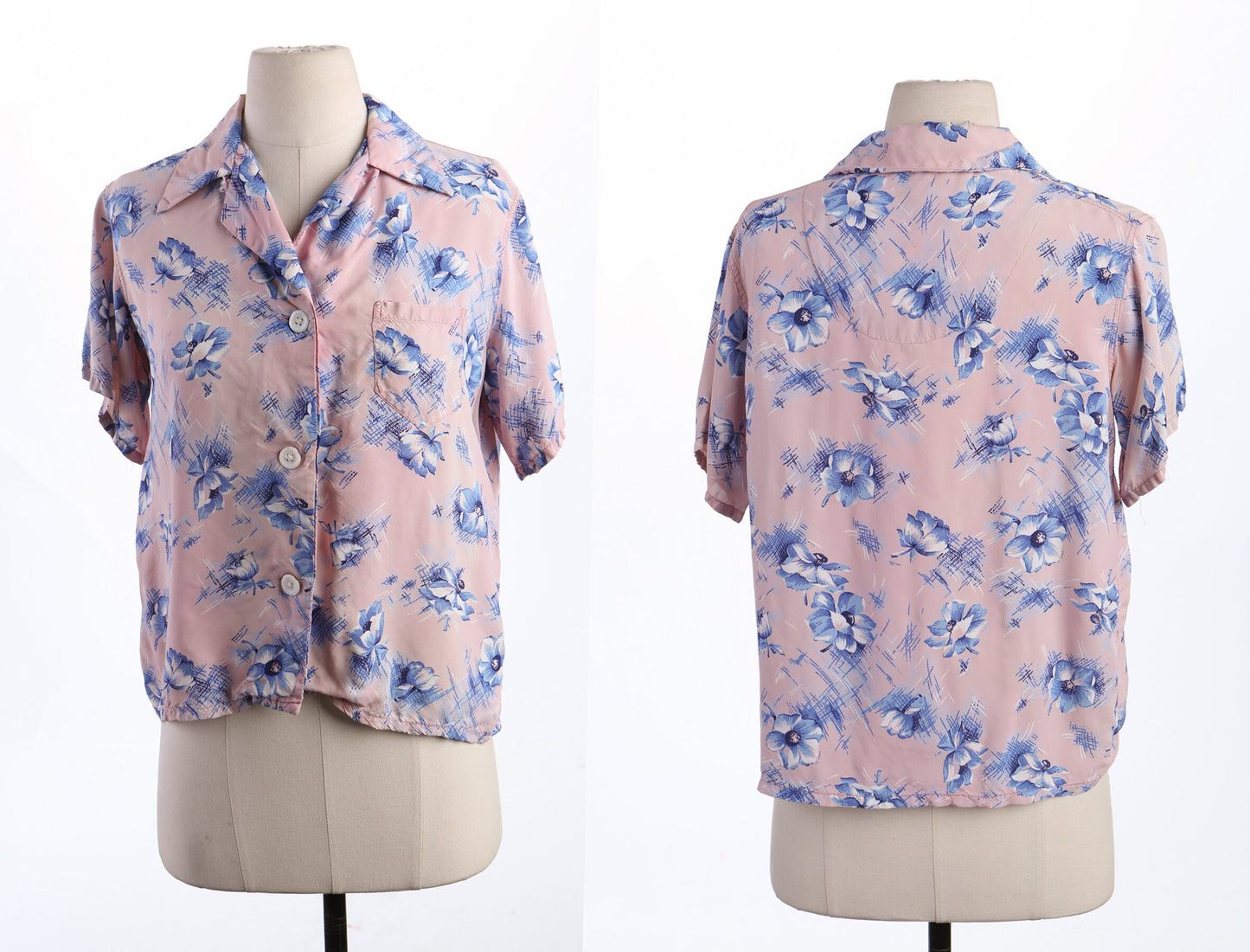 Vintage Women Pajama Floral Print Pink Blouse - Era (40's - 50's)
