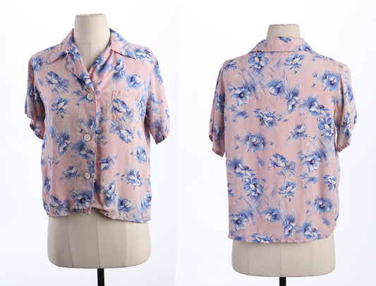 Vintage Women Pajama Floral Print Pink Blouse - Era (40's - 50's)